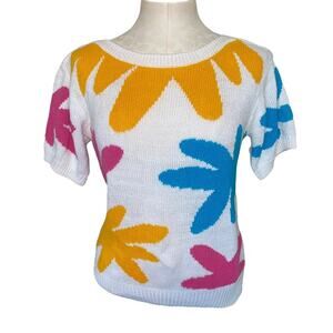 Janine Vintage Hand Knit Floral Embroidered Short Sleeve Sweater Pullover